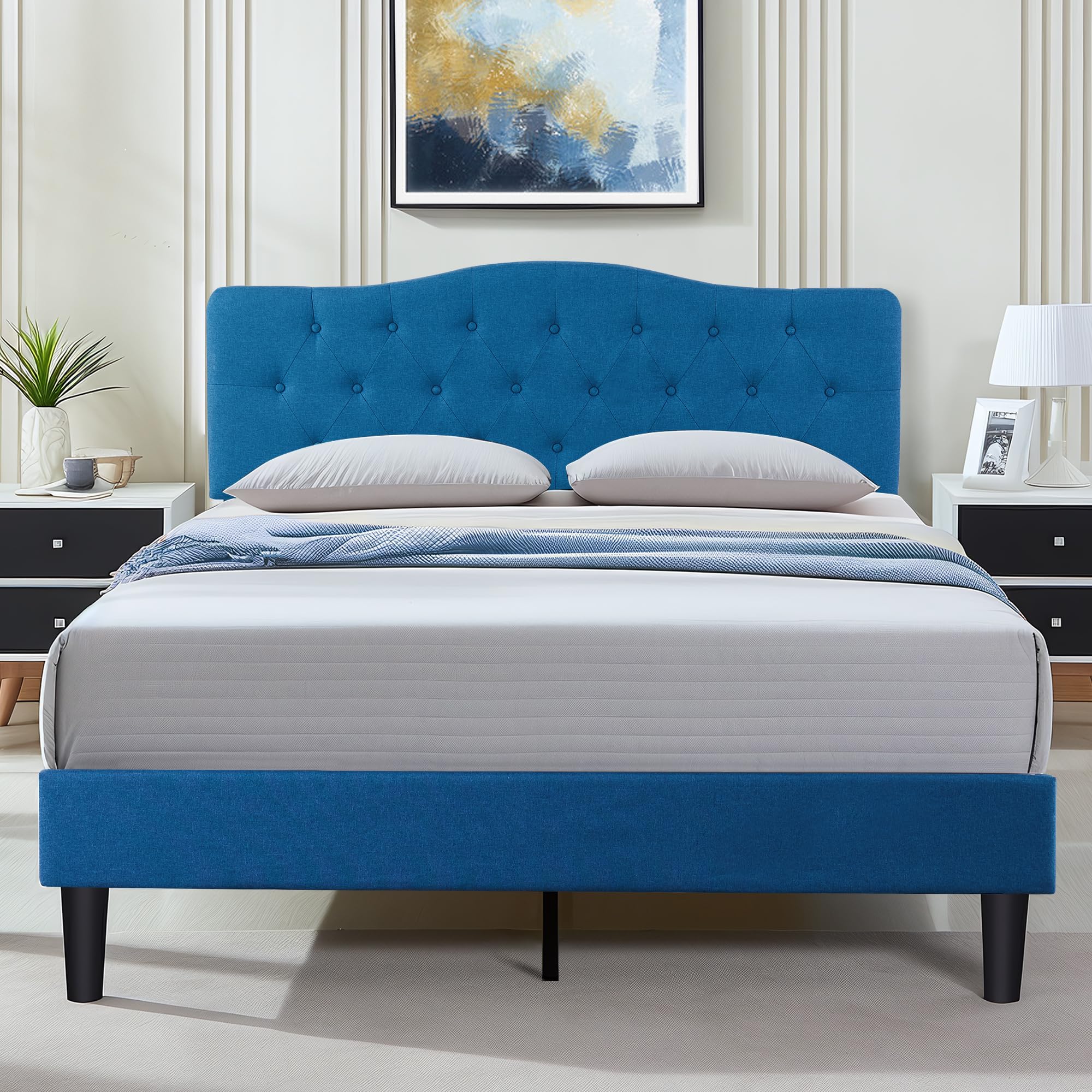 VECELO Full Size Platform Bed Frame with Fabric Upholstered Headboard and Wooden Slats Support, No Box Spring Needed/Easy Assembly,Blue Image