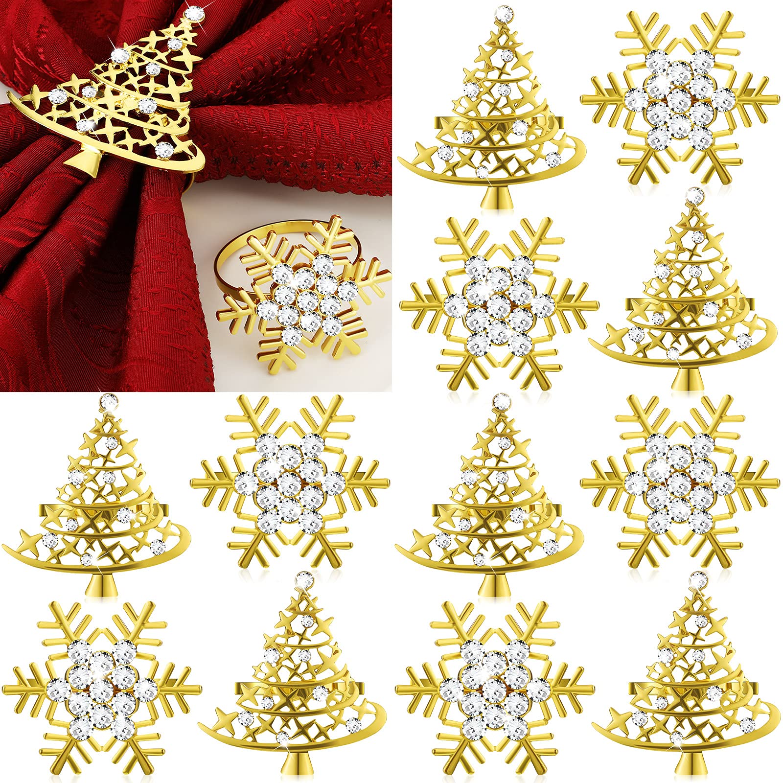 Photo 1 of 12 Pcs Christmas Napkin Rings Bulk Christmas Tree and Snowflake Napkin Rings Napkins Holder Metal Diamond Serviette Ring for Xmas Winter Holiday Weddings Party Table Decoration (Gold)