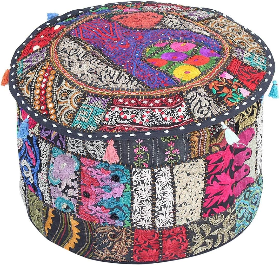 ROYAL RAJASTHAN TEXTILE Rajasthani Jaipuri Handcrafted Handmade Cotton Patchwork Embroidered Ottoman Stool Pouf Cover, (18X18X12, Black)