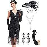 MTITE 1920s Dresses for Women, Sequin Fringed Gatsby Flapper Cocktail Dresses with 20s Accessories Set, Roaring 20s Costumes