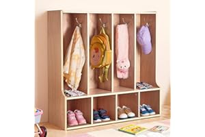 VEVOR 4-Section Kids Coat Locker, Wooden Toddler Cubby Storage Organizer with 8 Hooks & Non-Slip Mat, Modern Kid Coat Cubbies