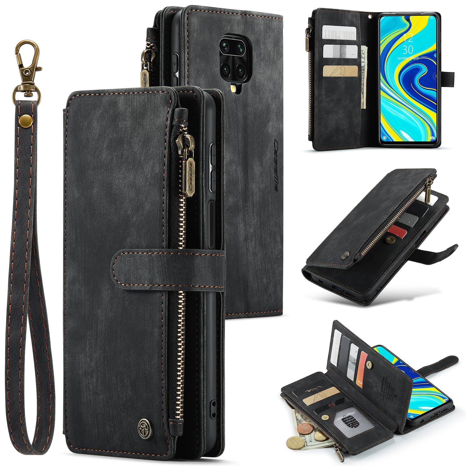 for Xiaomi Redmi Note 9 Pro Max/9 Pro/9S Wallet Stand Case, PU Leather Flip Cover with Soft TPU Back Cover, Magnetic Closure, Card slots, Cash Slots, Zipper Pocket and Photo Frame (Black)