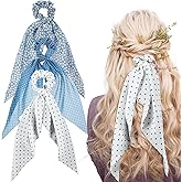 3PCS Elastic Bow Scrunchies for Girls, Scarf Scrunchies Knotted Bow Hair Ties, Ponytail Holders for Girls Gifts Holiday White, Blue