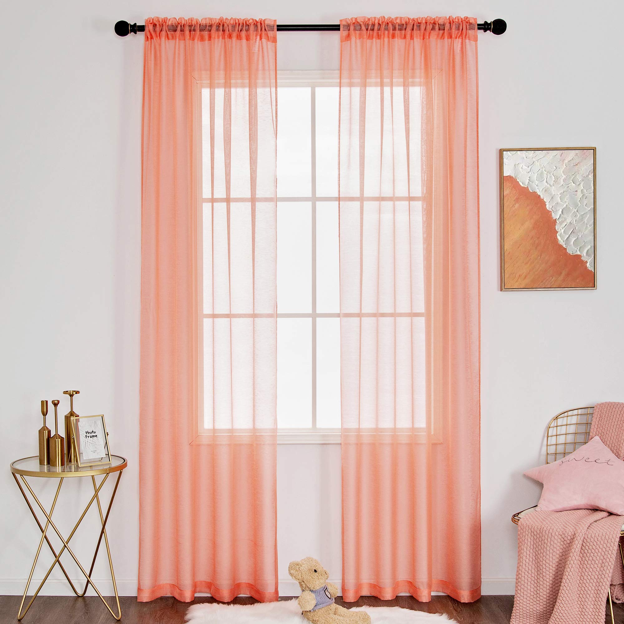 DUALIFE Coral Sheer Curtains for Living Room 108 Inch Length Window Treatment Rod Pocket Curtain Panels Textured Solid Voile Sheer Curtain Drapes for Girls Bedroom 2 Panels 52 x 108 Inch