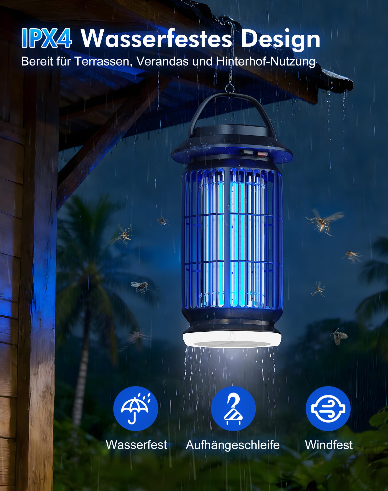 ROVLAK Insektenvernichter Elektrisch mit LED Licht, 4000V Mückenlampe Innen & Außen, 365nm UV Mückenfalle, IPX4 Wasserdicht, 100㎡ Abdeckung Fliegenfalle Lampe für Schlafzimmer, Balkon & Camping 4