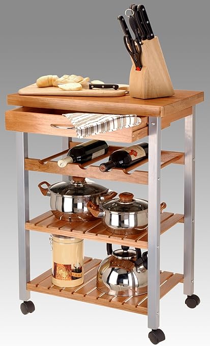 Exklusiver Küchenwagen aus Holz und Metal - mit Weinregal, Obstkorb und