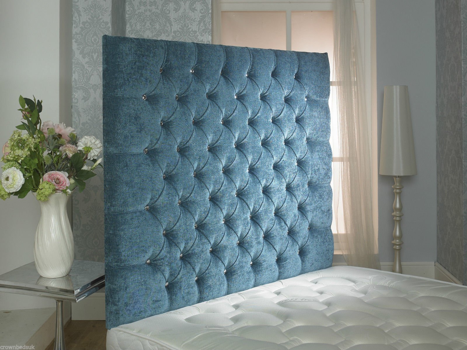 CROWNBEDSUK CHESTERFIELD WALL HEADBOARD CHENILLE IN 2ft6,3ft,4ft,4ft6,5ft,6ft Height 44'' MATCHING BUTTONS (4FT6 DOUBLE, Aqua)