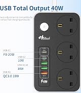 Hulker Extension Lead USB-C PD 20W 3 UK Outlets 2 USB-C 3 USB-A 2m view 2