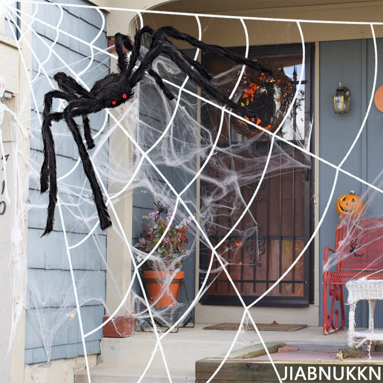 Lyplus Halloween Decorations Outdoor 16 FT Giant Spider Web with Large Spider 29.5", Stretch Cobwebs and 2 Small Spiders Outdoor Halloween Decorations Party Yard Lawn Decor Props for Haunted: Home & Kitchen