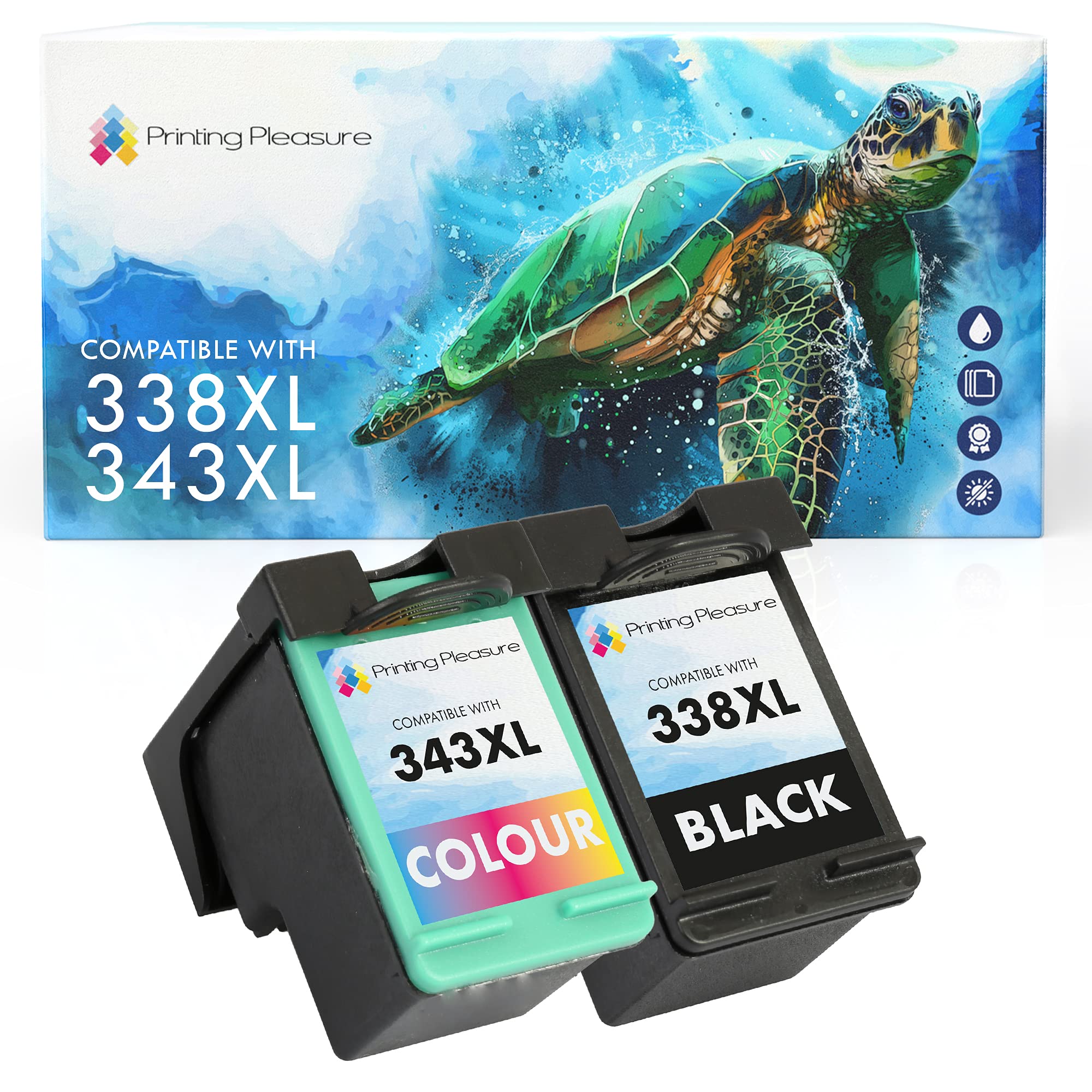 Printing Pleasure 2 (FULL SET) Remanufactured Ink Cartridges Replacement for 338 343 Photosmart 8150 C3180 DeskJet 460 460c OfficeJet 100 150 6210 7310 H470 PSC 2355 - Black/Colour, High Capacity