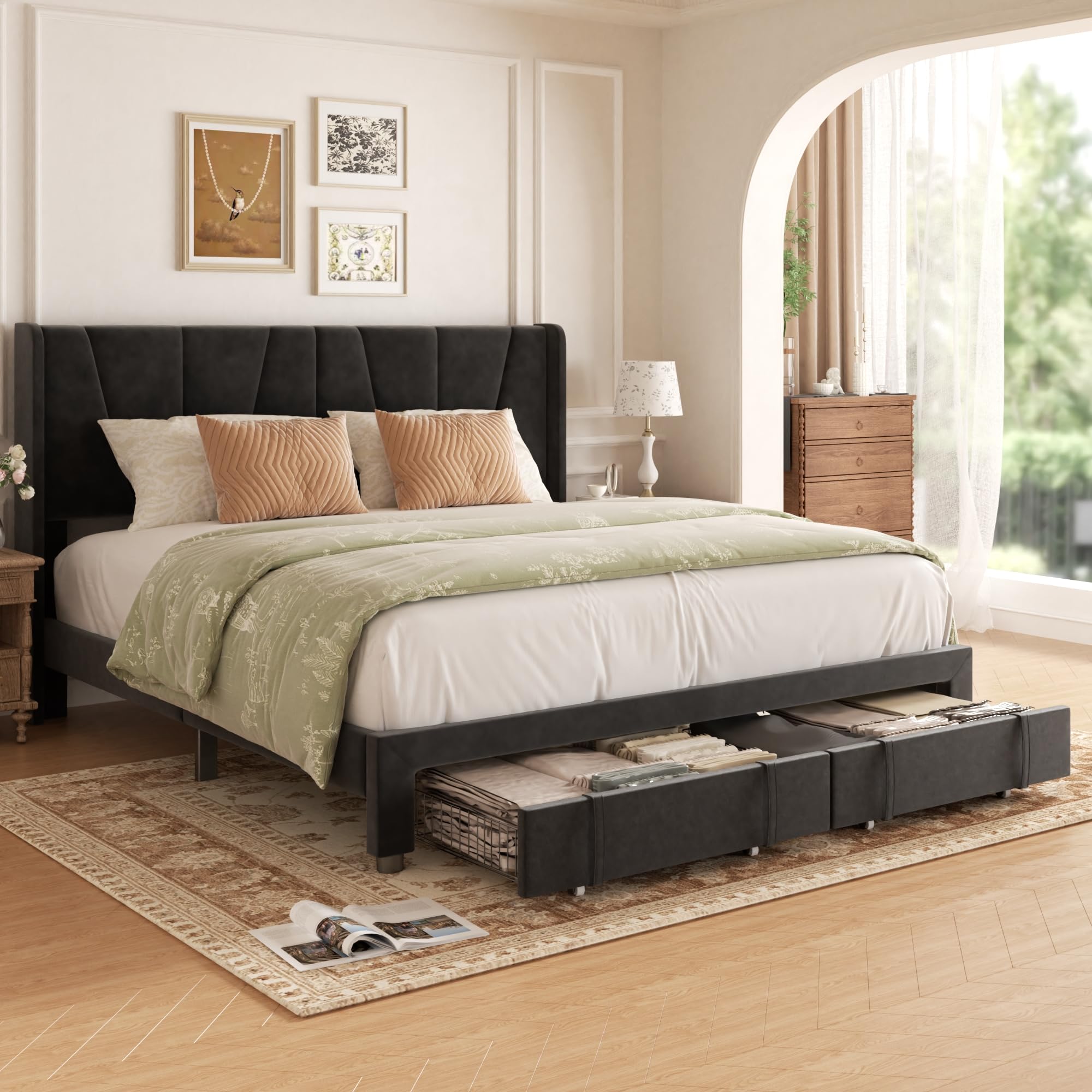 Photo 1 of *** UNKNOWN MISSING PARTS* viplov King Bed Frame with Storage Drawers, Upholstered Platform Bed with Headboard and Wingboard, No Box Spring Needed, NO Noise, Easy Assembly, Wooden Support Slats, Black