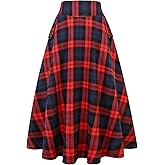 IDEALSANXUN Womens Plaid Skirts Fall Winter High Waisted A Line Long Pleated Maxi Skirt with Pockets