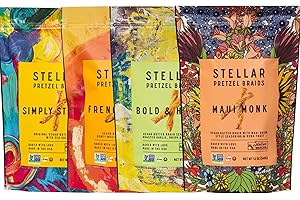 Stellar Snacks Pretzel Braids, 4 Flavor 12 Oz Bag Variety Pack, Maui Monk, Simply Stellar, Bold & Herby, French Dijon, Gourmet Pretzel Sticks, Vegan, Kosher, Non GMO, Peanut Free, Healthy Snack