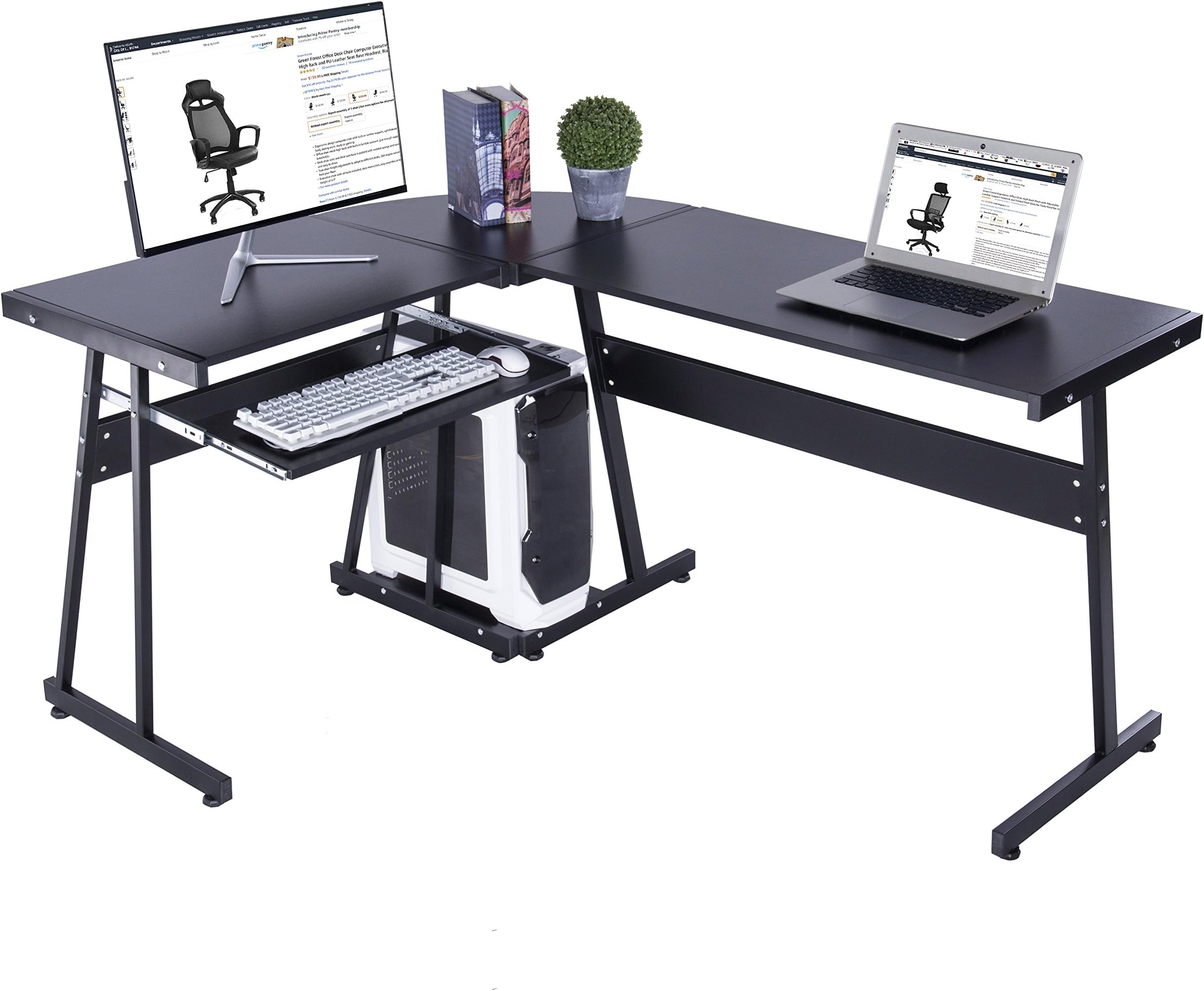 GreenForest L-Shaped Computer Desk with Keyboard Tray and CPU Stand for Home Office Gaming and Study,Black
