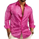 Barry.Wang Mens Casual Long Sleeve Shirt Silk Button Up Paisley Dress Shirt | Designer Western Mexico Cowboy Woven Floral Jacquard Vintage Formal Collared Regular Fit Blend Party Wedding Prom Vacation