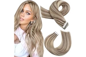 Moresoo Tape in Highlighted Hair Extensions Human Hair Blonde Hair Extensions Tape in Light Brown Highlighted with Blonde Tape in Human Hair Extensions 14 Inch #P9A/60 20pcs 50g