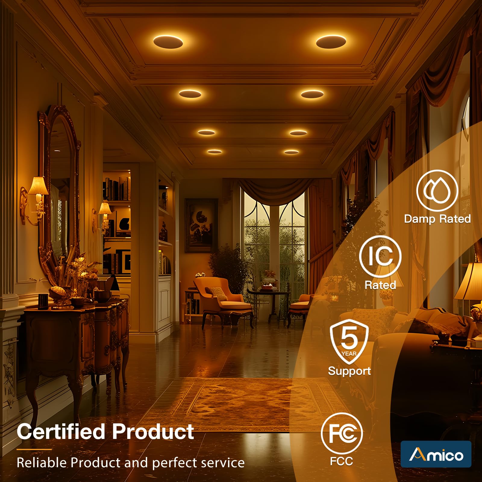 Amico 12 Pack 6 Inch 5CCT LED Recessed Ceiling Light with Night Light, 2700K/3000K/3500K/4000K/5000K Selectable Ultra-Thin Lighting, 12W=110W, 1100LM, Dimmable Canless Wafer Downlight ETL&FCC