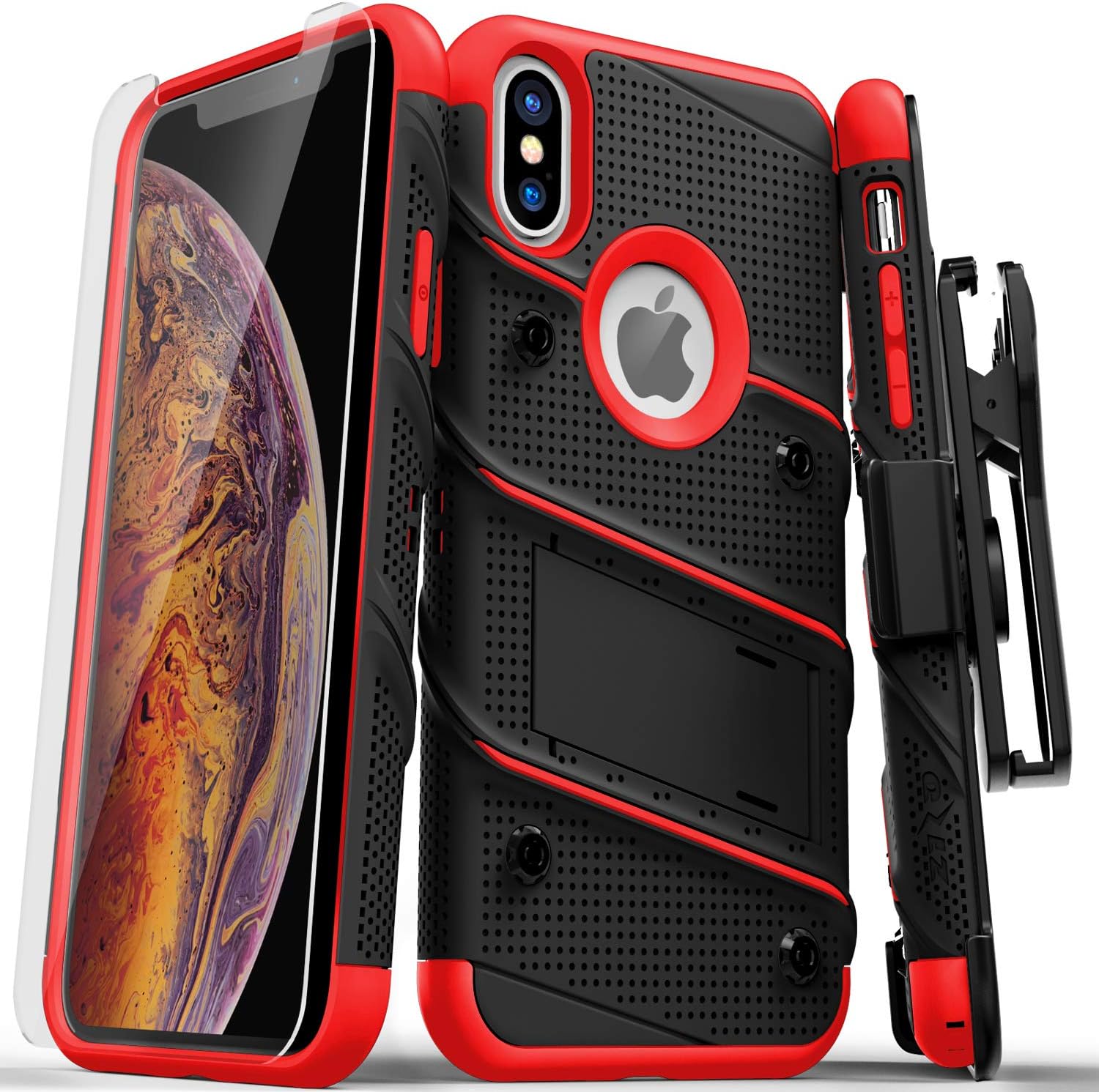 ZIZO Bolt Series for iPhone X Case Military Grade Drop Tested with Screen Protector, Kickstand and Holster iPhone Xs Black RED