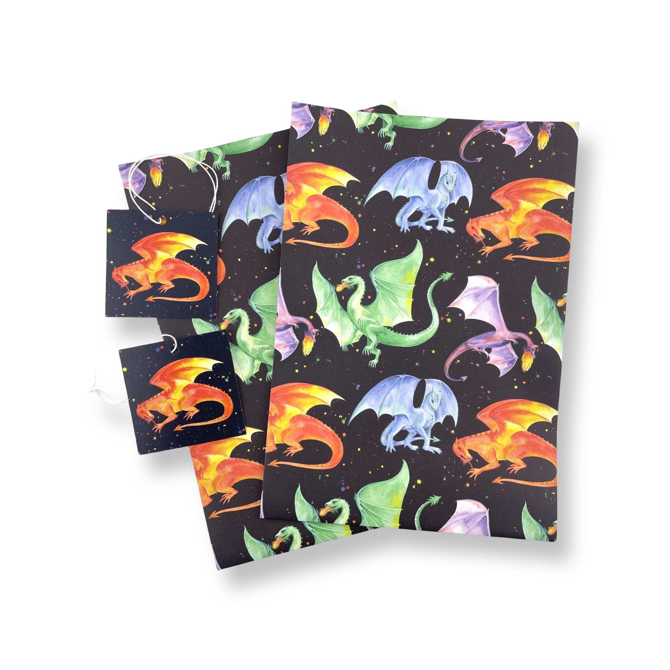 Dragon Recycled and Recyclable Gift Wrapping Paper - 2 sheets and 2 strung gift tags - Birthday - Christmas - crafting
