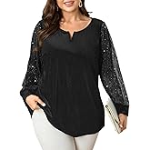 SCOMCHIC Women's Plus Size Blouses Long Sleeve V Neck Sparkly Sequin Velvet Top Dressy Casual Loose Shirts Party Tops