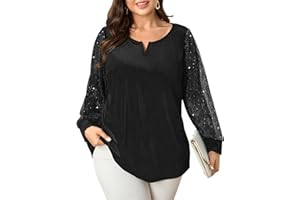 SCOMCHIC Women's Plus Size Blouses Long Sleeve V Neck Sparkly Sequin Velvet Top Dressy Casual Loose Shirts Party Tops