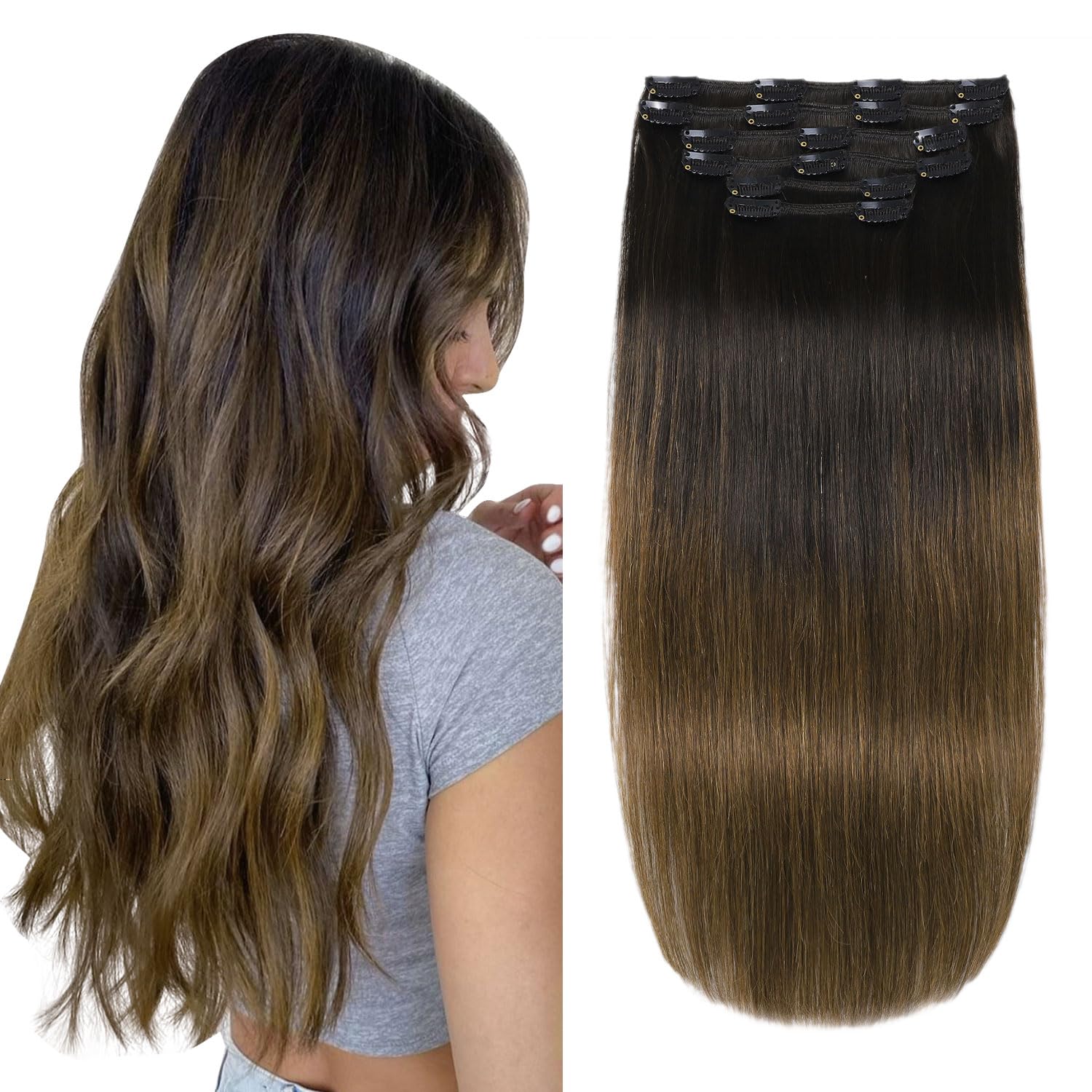 XDhair Clip in Hair Extensions Real Human Hair 6pcs 120g 20inch Off Black Fading to Middle Brown Full Head Clip in Hair Extensions for Women #1BT/4 20inch
