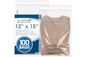 Spartan Industrial - 12” X 15” (100 Count) Self Seal Clear Poly Bags with Suffocation Warning for Packaging, T Shirts & Shipping - Permanent Adhesive