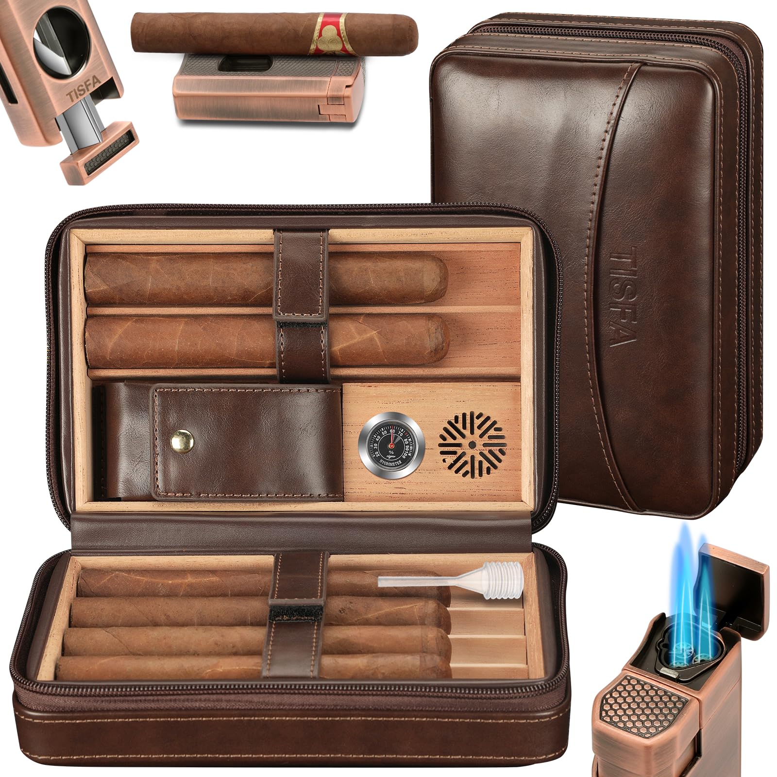 Travel Cigar Humidor Case Portable Cigar Box with Cigar Cutter V Cut,Cigar Cutter Straight Cut,Cigar Punch,Humidity Control Pack