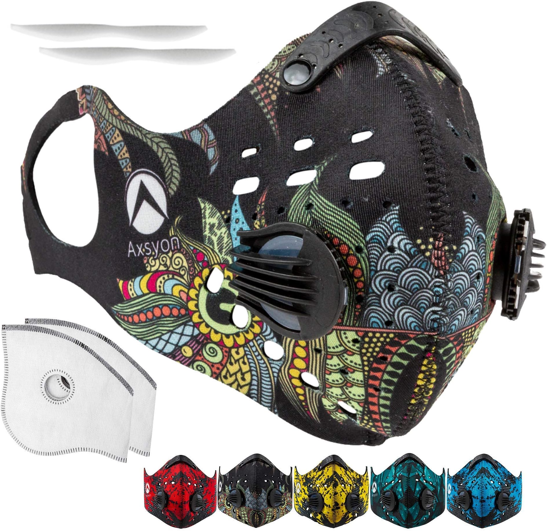 Axsyon Dust Mask with EAR LOOPS- 2 Activated Carbon Filters, 2 Sponies (anti-fog/comfort foam nose bridges) & 2 Valves included- for Work, Cleaning, Woodworking, Mowing, Outdoor Activities