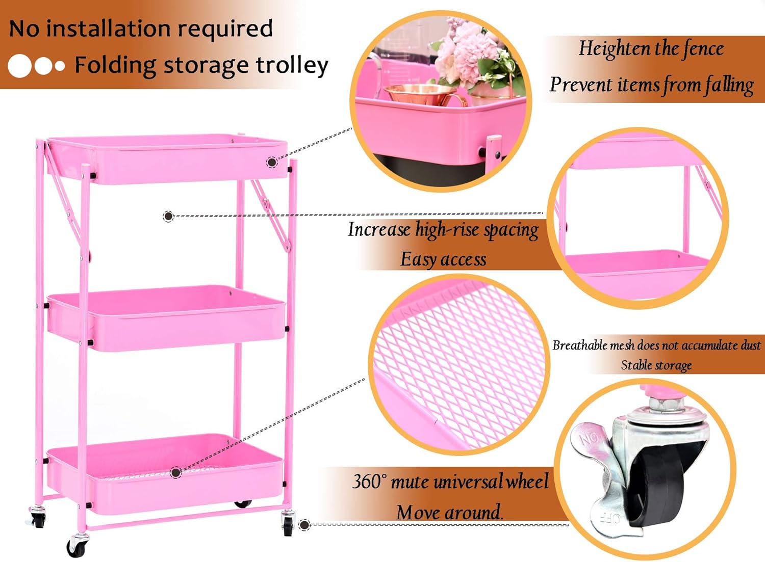 3-Layer Movable and Foldable Metal Storage Cart with Wheels Without Installation, Pink(17.71Lx11.61Wx28.34H) : Office Products