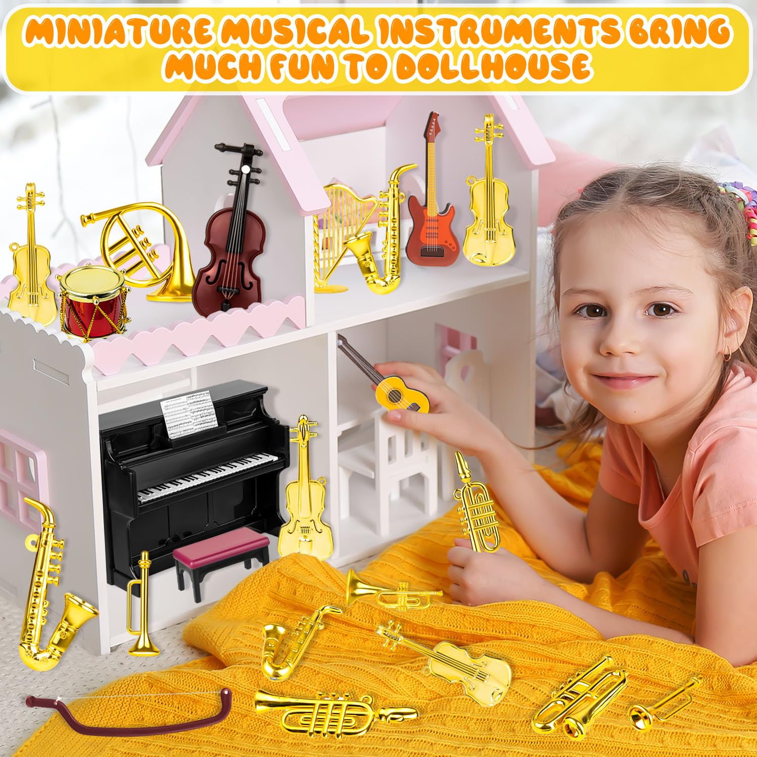 Dollhouse Musical Instruments, Miniature Violin Guitar Piano Drum Trumpet Mini Figurine Ornament for Mini House Musical Room Furnishin