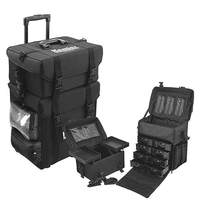 Estuche de Maquillaje Kemier Studio Ruedas Omni-direccionales 2 en 1 Profesional Suave, Removible, Maletín de Maquillaje de Tren para Arista, Organizador de Cosméticos con Cajones de Almacenamiento