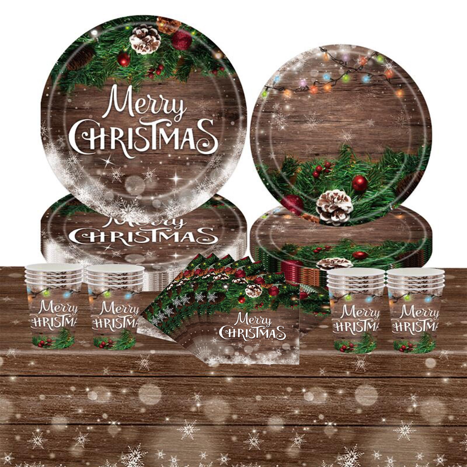 69Pcs Woodgrain Merry Christmas Dinnerware Set - Plastic Table Cloth Cover, Paper Plates, Napkins and Cups for Xmas Party Table Decorations — image 1