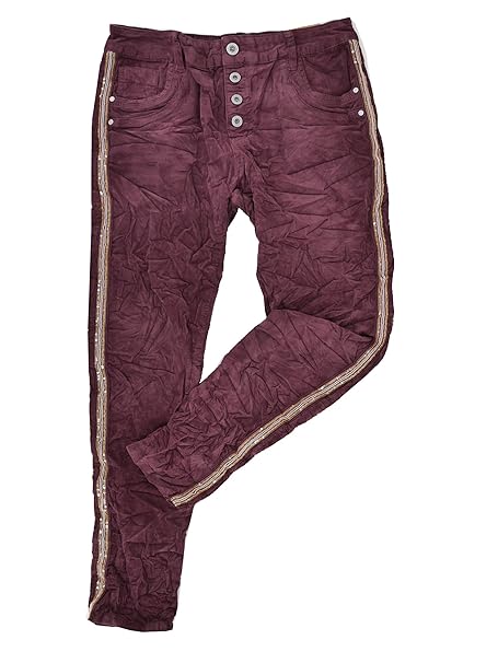 Karostar modische Damen Feincord Hose Stretch Baggy Cordhose seitliche Glitzer STREIFEN gold silber Pailletten Nieten Boyfrie