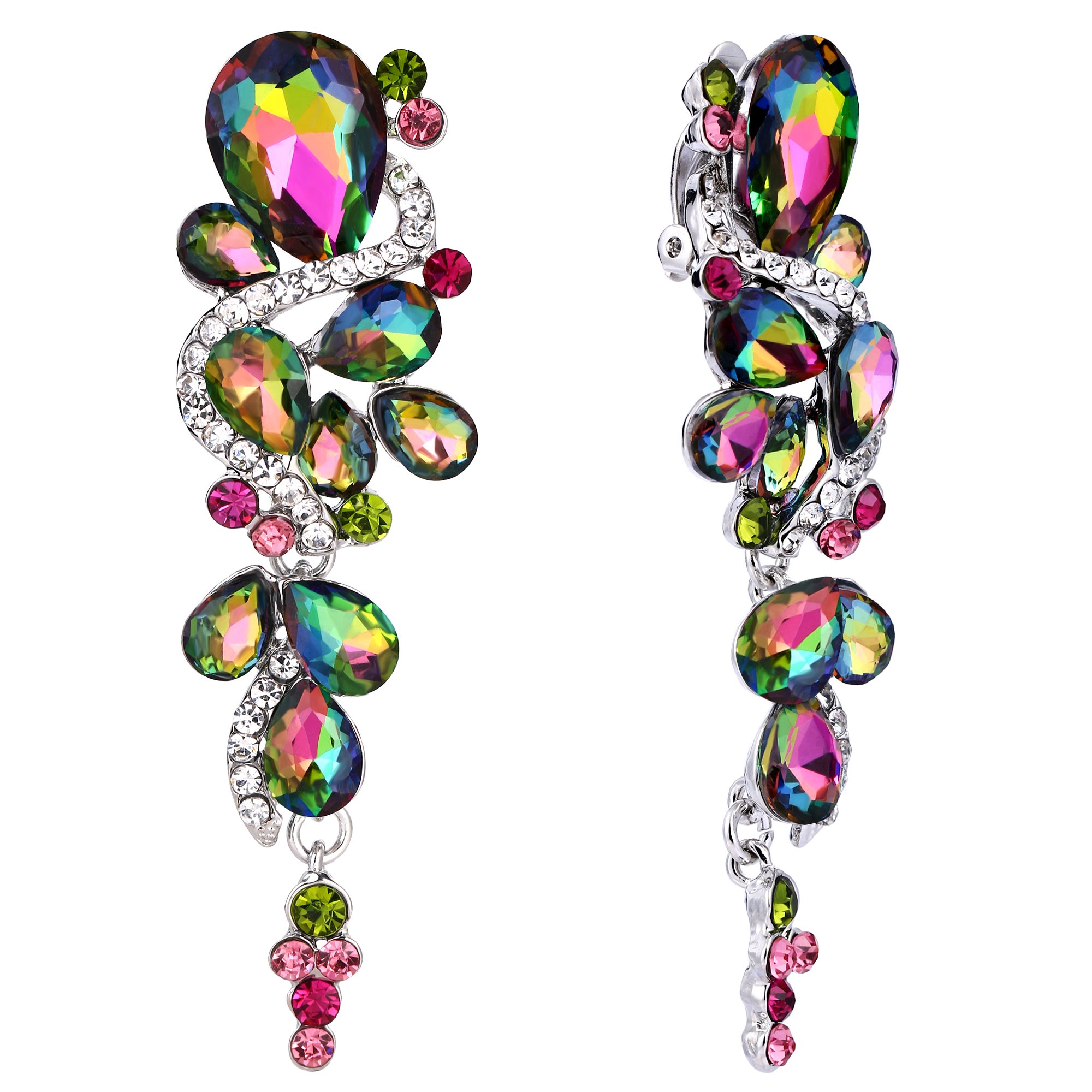 Clearine Clip-On Wedding Bridal Jewellery for Costume Bohemian Boho Crystal Diamante Teardrop Cluster Long Chandelier Dangle Earrings Vitrail Medium Silver-Tone — image 1