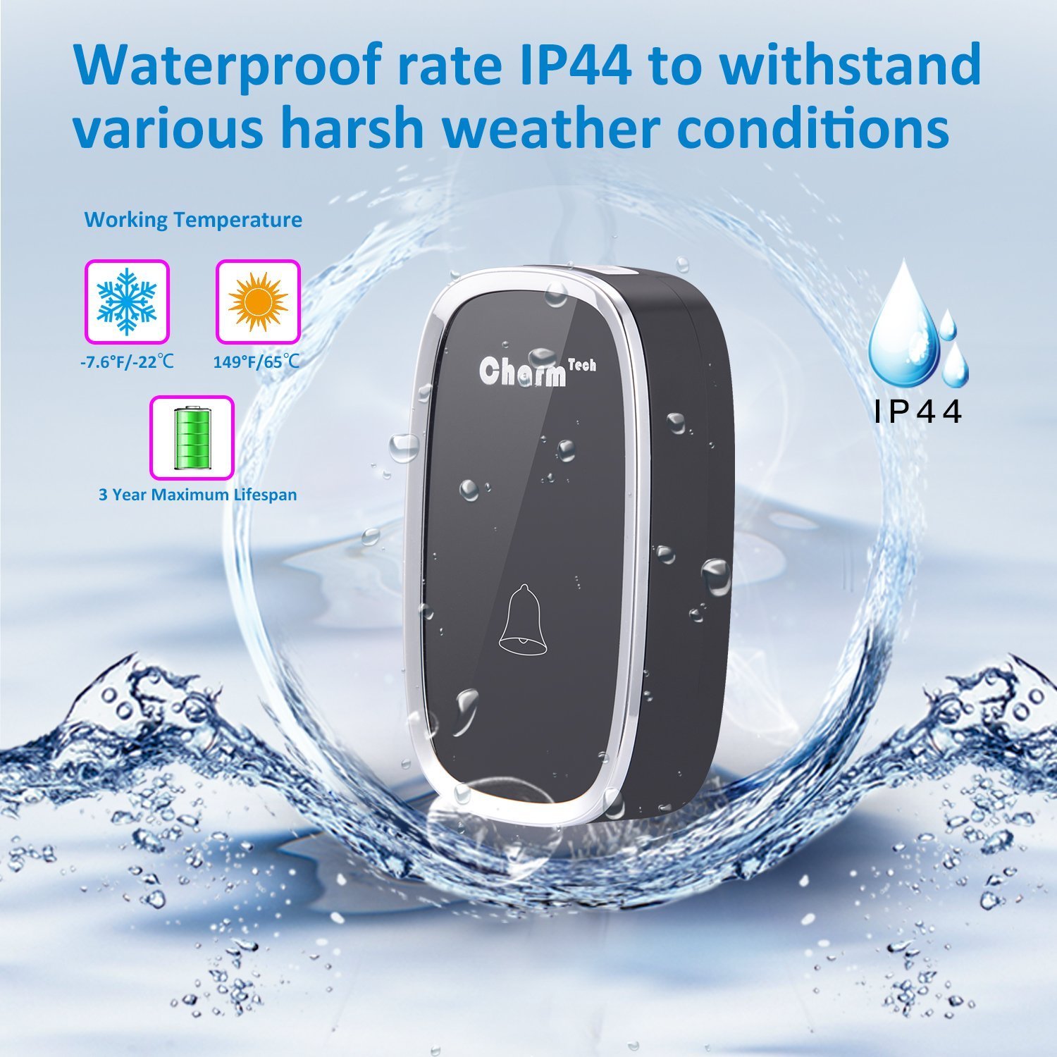 Sonnette Sans Fil de Porte, Kit de Carillon Électrique Étanche à 280 Mètres de Portée avec LED Bleu et 36 Mélodies au 4 Niveau Volumes pour Bureau, Maison, Classe, Hôtel, Hopital (Noir)