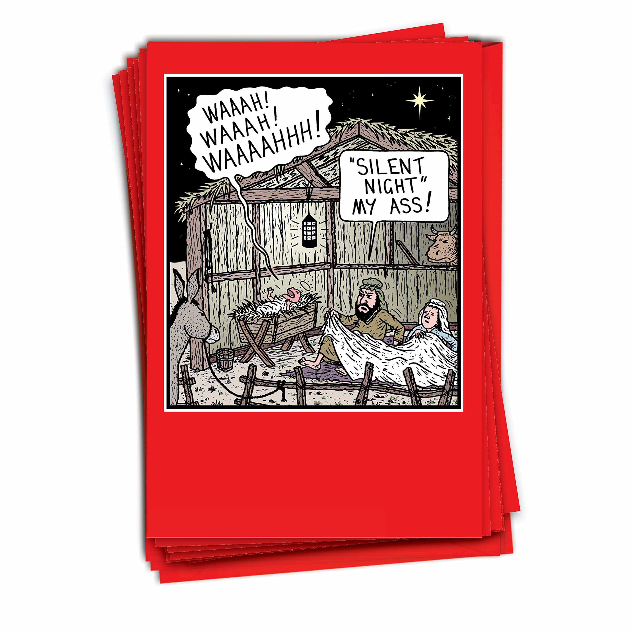 NobleWorks - 12 Boxed Adult Christmas Cards with Envelopes - Hilarious Holiday Greetings, Bulk Stationery Notecard Set (1 Design, 12 Cards) - Silent Night My A-s B1184