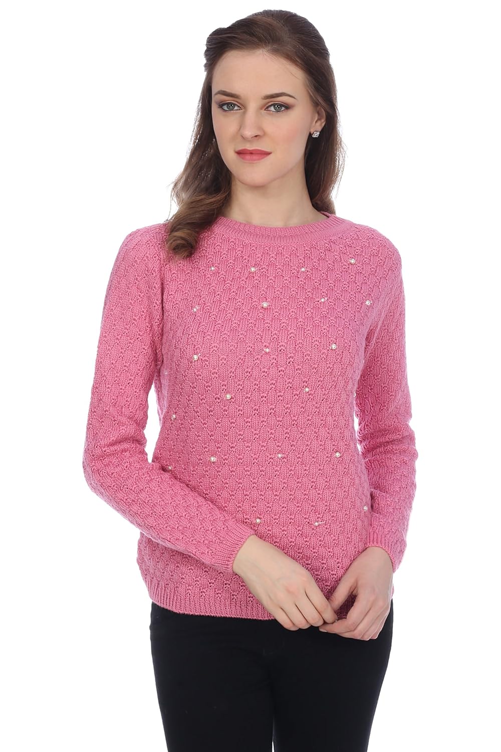 ebony twist women's round neck full sleeves pink pearl sweater
