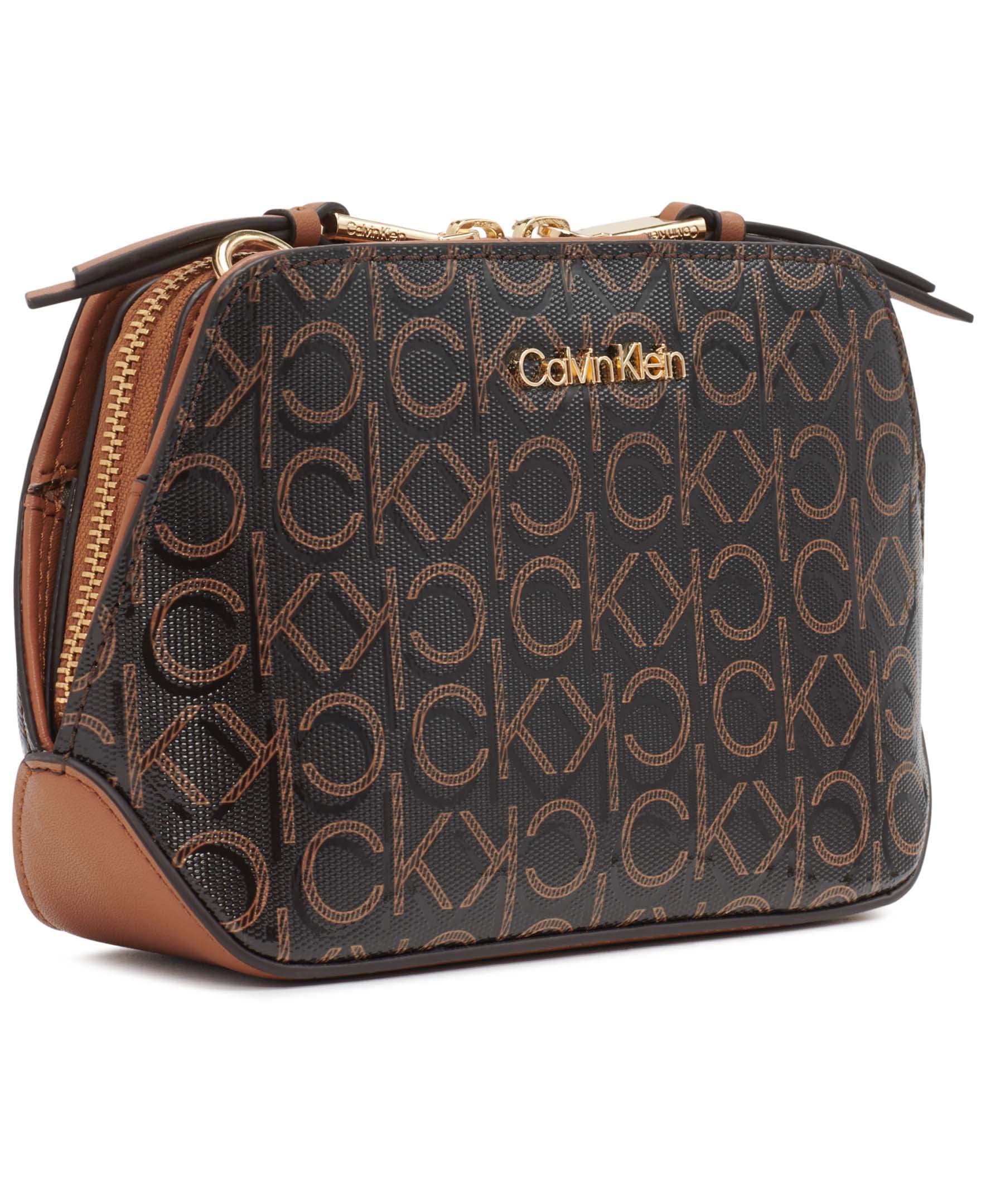 Calvin Klein Women's Lucy Triple Compartment Crossbody, Brown/Khaki/Caramel Embossed, One Size