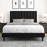 Allewie Full Bed Frame/Velvet Upholstered Bed Frame with Vertical Channel Tufted Headboard/Strong Wooden Slats/Platform Bed Frame/Mattress Foundation/Box Spring Optional/Easy Assembly/Black