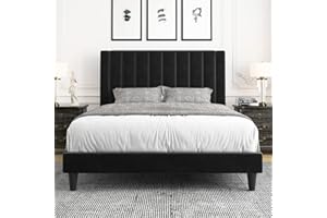 Allewie Queen Bed Frame/Velvet Upholstered Bed Frame with Vertical Channel Tufted Headboard/Strong Wooden Slats/Platform Bed Frame/Mattress Foundation/Box Spring Optional/Easy Assembly/Black