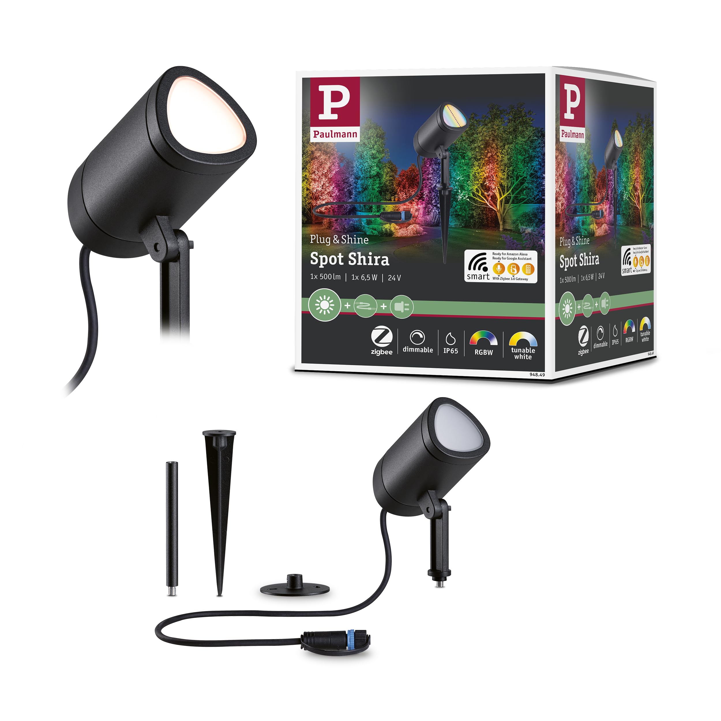 Paulmann 94849 Plug & Shine LED Garden Spotlight Shira Smart Home Zigbee 6.5W 250lm dimmable 455mm Anthracite Aluminium RGBW+