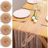 BINBE 4pcs Pearl Table Runner Spring Summer Rustic Boho 10ft Tulle Table Runner for Baby Shower Wedding Veil Holiday Dessert Table Decor Champagne