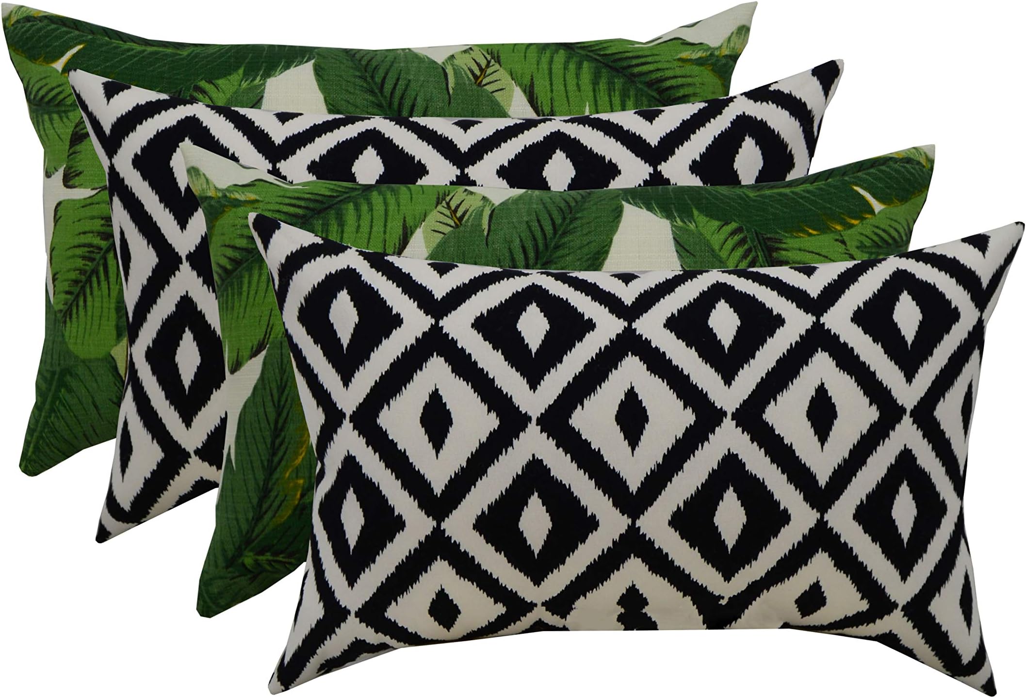 RSH Décor Indoor Outdoor Mixed Set - 4 Decorative Rectangular Lumbar Throw Pillows ~ Made with Black and White Aztec Geometric & Tommy Bahama Swaying Palms Aloe Green Palm Leaf Fabrics (20"W x 12"H)