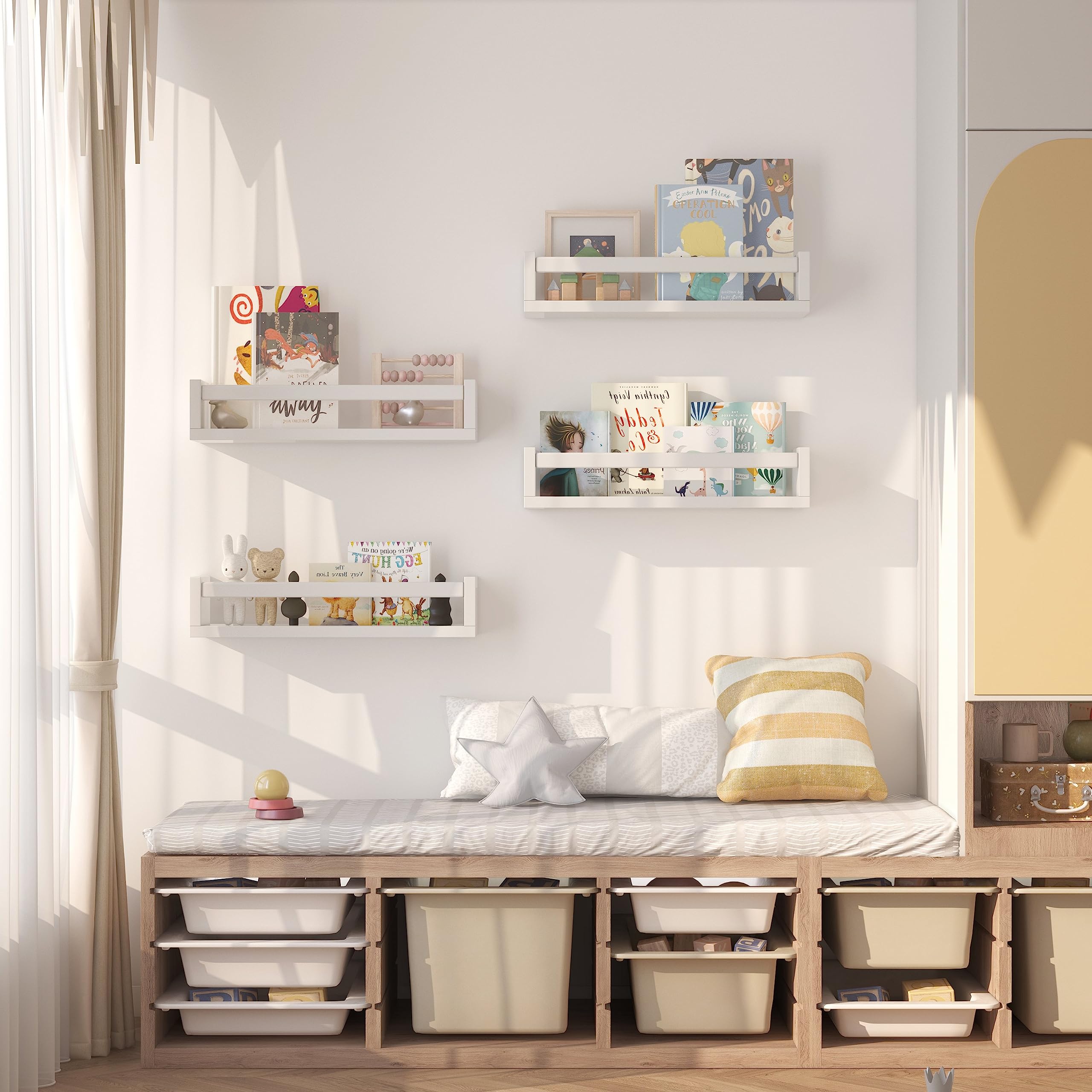 Onlysky Set of 4 Wall-Mounted Kid's Bookshelf - White Floating Nursery Book Shelves - Durable Wood Construction - Ideal for Nursery Decor, Kids Room, Toy Storage