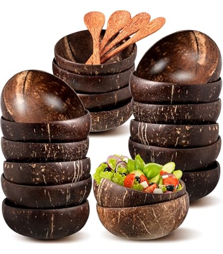 8x Coconut Bowls and Wooden Spoons for Serving Noodle,Pasta,Smoothie,Porridge,Handicraft Decoration Coconut Shell Bowl