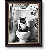 yunjulp Framed Black Cat Bathroom Canvas Wall Art Funny Animal Bathroom Wall Decor Black and White Animal Print Artwork Cat Sitting Toilet While Reading Newspaper Pictures for Restroom 9"x11"