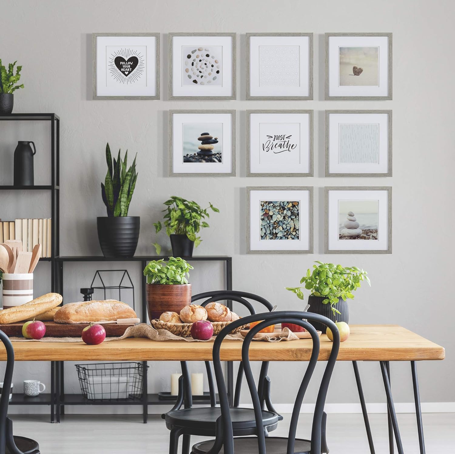 Everly Hart Set Of 9 Piece Gray Square Photo Double White Mat Wall Gallery Frame Kit