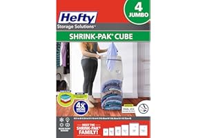 Hefty Shrink-Pak Vacuum Storage Bags – For Clothes, Pillows, Towels, Blankets & More – Space Saver Vacuum Suction Sealer Bags for Home or Travel – 4 Jumbo Cubes, 43.5 x 34 x 18 Inches