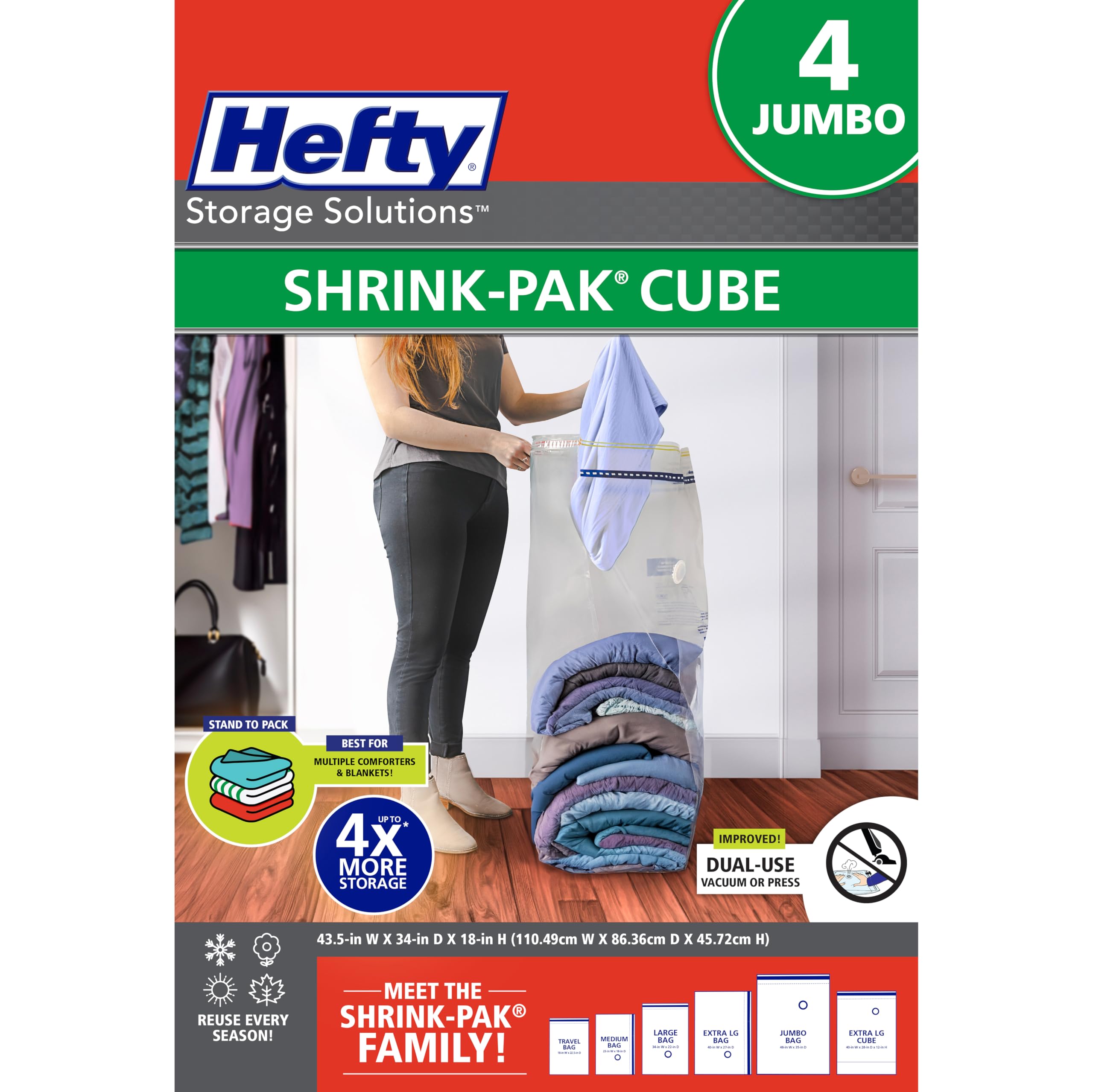 Photo 1 of Hefty Shrink-Pak Vacuum Storage Bags – For Clothes, Pillows, Towels, Blankets & More – Space Saver Vacuum Suction Sealer Bags for Home or Travel – 4 Jumbo Cubes, 43.5 x 34 x 18 Inches